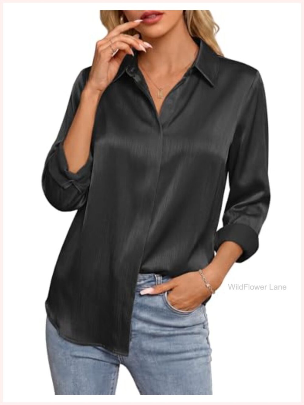 Silky Satin Long Sleeve Button Down Shirt Work Blouse Dressy Casual Top